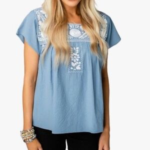Anniston Short Sleeve Embroidered Top - Blue - Buddy Love